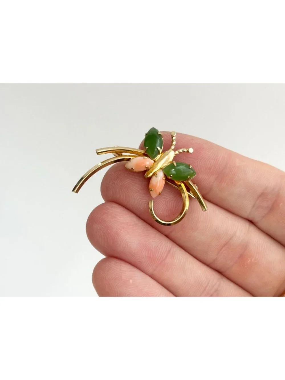 12k Gold Filled Carl Art Butterfly Figural Coral & Jade Vintage Brooch Pin